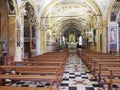 Historical interior of Madonna del Sasso church with wooden furniture, decorative ceiling in Locarno city in Switzerland