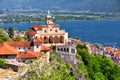 Madonna del Sasso Church above Locarno city, lake Maggiore Lago Maggiore and Swiss Alps in Ticino, Switzerland. Royalty Free Stock Photo