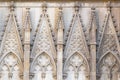 Close-up view to the symmetrical architectural stone details of the Barcelona`s gothic Cathedral, also known as La Seu.