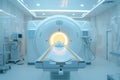 Located in hospital laboratory is medical computed tomography room with CT magnetic resonance scanner. Royalty Free Stock Photo