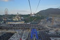 Near sunset riding on Vinpearl cable car approaching Hon Tre Island under extensive construction, Nha Trang, Vietnam