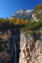 Fanes Waterfall in the Dolomites, in a sunny autumn day.