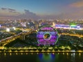 The building Guangzhou Circle and the nearby highways at dusk