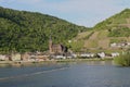 Scenic view at the river Rhine and Lorchhausen cathetral. Middlerhine Area, Germany Royalty Free Stock Photo