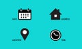 Location, Address, date, time, contact, Calendar, home, geotag, clock. set icons vector simple illustration