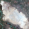 Location, aerial landscape and map of Earth with satellite image, mountain and valley with city. Nature, background and