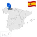 Location of Asturias on map Spain. 3d Principality of Asturias location sign similar to the flag of Asturias. Quality map with r