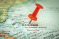 Location Bahamas islands, red push pin on the travel map, marker and point close-up, tourism and trip concept, North Royalty Free Stock Photo