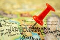 Location Bangladesh and Dhaka, travel map with push pin point marker close-up, Asia journey concept