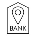 Location bank thin line icon. Bank buildind and pin vector illustration isolated on white. Bank navigation outline style