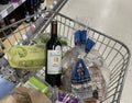 closeup view of food products in customer shopping trolley inside supermarket