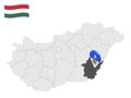 Location Bekes County on map Hungary. 3d location sign similar to the flag of Bekes. Quality map with Regions of the Hungary
