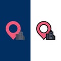 Location, Building, Hotel  Icons. Flat and Line Filled Icon Set Vector Blue Background Royalty Free Stock Photo