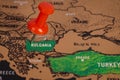 Location Bulgaria, push pin on map close-up, marker of destination for travel, tourism and trip concept, Europe
