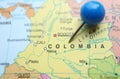 Location COLOMBIA, Blue clerical needle on map of South America.Colombia map marked with a blue pushpin. Royalty Free Stock Photo