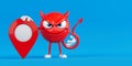 Location Control And Targeting Concept. Red Evil Cartoon Character Standing With Map Pin Marker. 3d Rendering Royalty Free Stock Photo