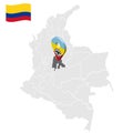 Location of Cundinamarca on map Colombia. 3d Putumayo location sign. Flag of Cundinamarca. Quality map with regions of Colombia