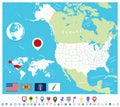 Location of Delaware on USA map with flags and map icons