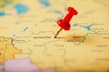 The location of the destination on the map of Moscow is indicated by a red pushpin Royalty Free Stock Photo