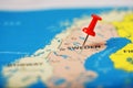 The location of the destination on the map Sweden is indicated by a red pushpin Royalty Free Stock Photo