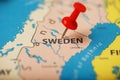 The location of the destination on the map Sweden is indicated by a red pushpin Royalty Free Stock Photo