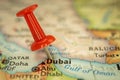 Location Dubai in United Arab Emirates, travel map with push pin point marker close-up, Asia journey concept