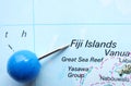 Location Fiji Islands, Blue clerical needle on map. Close up of Fiji Islands map marked with a blue pushpin.