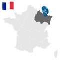 Location of Grand Est on map France. 3d location sign similar to the flag of Grand Est. Quality map  with regions of  French Repub Royalty Free Stock Photo