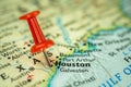 Location Houston city in Texas, map with red push pin pointing close-up, USA, United States of America Royalty Free Stock Photo