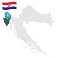 Location Istria County on map Croatia. 3d location sign similar to the flag of Istria County. Quality map with regions of Croat