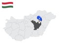Location Jasz-Nagykun-Szolnok County on map Hungary. 3d location sign similar to the flag of Jasz-Nagykun-Szolnok. Quality map w Royalty Free Stock Photo