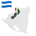 Location of Jinotega Department on map Nicaragua . 3d location sign similar to the flag of Jinotega. Quality map with province