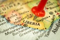 Location Liberia, map with push pin close-up, travel and journey concept with marker, Africa