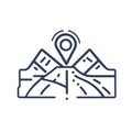 Location Pin on Stylized Map with Roads and Mountains. Navigation Concept. Royalty Free Stock Photo