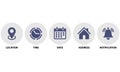 Location, Map pin, Address, date, time, Place, contact, Calendar, Notification bell set web icons vector illustration