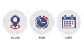 Location, Map pin, Address, date, time, Place, contact, Calendar, Notification set web icons vector illustration