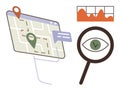 Location Map with Search Magnifier, Analytics Chart, and Navigation Markers for Data Insights Royalty Free Stock Photo