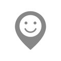 Location mark with happy face gray icon. Customer satisfaction, like, rating symbol.