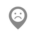 Location mark with sad face gray icon. Customer unsatisfaction, dislike, rating symbol. Royalty Free Stock Photo
