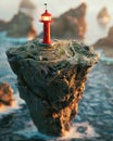 Location marker on a floating island, miniature lighthouse guide, digital map for explorers , clean sharp focus Royalty Free Stock Photo