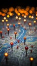 Location marking on a map of Paris with routes, red pins