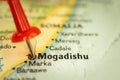 Location Mogadishu in Somalia, map with push pin close-up, travel and journey concept with marker, Africa