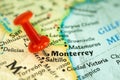 Location Monterrey city in Mexico, map with red push pin pointing close-up, North America