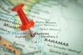 Location Nassau in Bahamas, red push pin on the travel map, marker and point close-up, tourism and trip concept, North Royalty Free Stock Photo