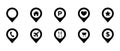 Location and Navigation vector icons map pin pointer. Set pointers, parking, restaurants, hospitals, supermarkets, telephones, Royalty Free Stock Photo