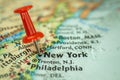 Location New York city in NY state, map with red push pin pointing close-up, USA, United States of America Royalty Free Stock Photo