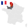 Location of Normandy on map France. 3d location sign similar to the flag of Normandy. Quality map  with regions of  French Republi Royalty Free Stock Photo