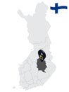 Location Northern Savonia Region on map Finland. 3d location sign similar to the flag of North Savo. Quality map with regions of