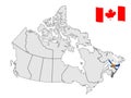 Location of Nova Scotia on map Canada. 3d Nova Scotia location sign. Flag of Nova Scotia Province. Quality map of Canada