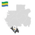 Location Nyanga Province on map Gabon. 3d location sign similar to the flag of Nyanga Province. Quality map with Regions of t